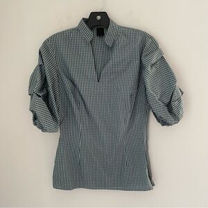 Que Women’s Slit V Neck Gingham Plaid Short Puffer Sleeve Blouse size XS